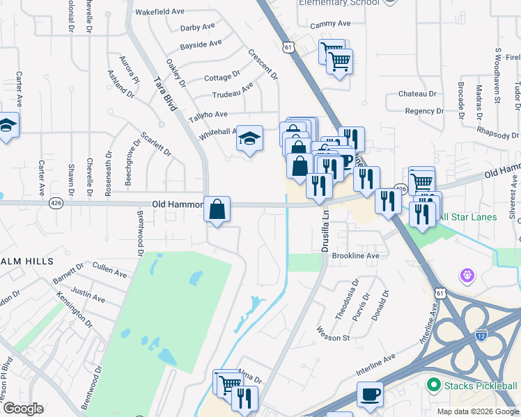 map of restaurants, bars, coffee shops, grocery stores, and more near 9124 Old Hammond Highway in Baton Rouge