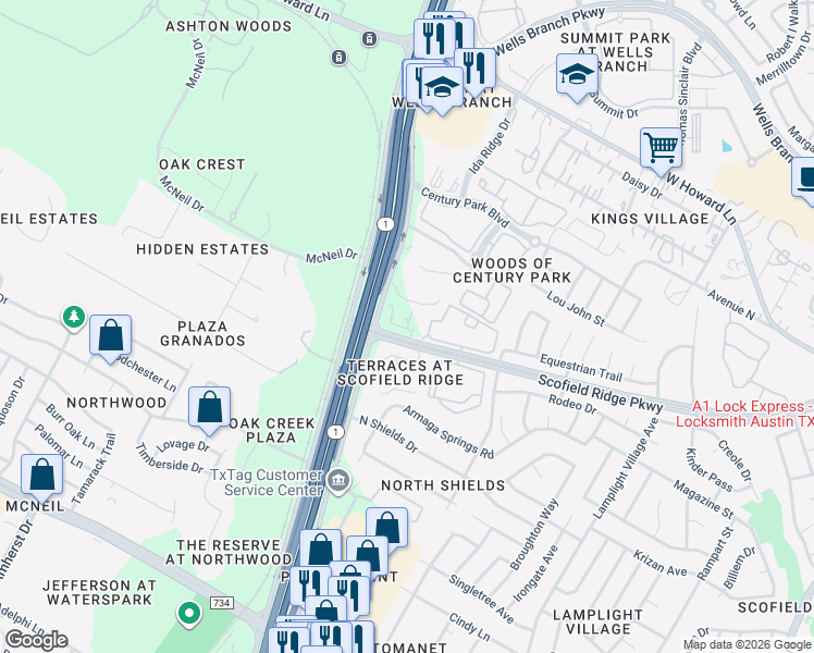 map of restaurants, bars, coffee shops, grocery stores, and more near 3100 Scofield Ridge Parkway in Austin