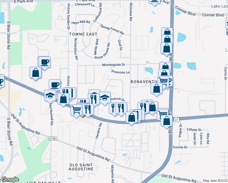 map of restaurants, bars, coffee shops, grocery stores, and more near 2926 Cross Creek Court in Tallahassee