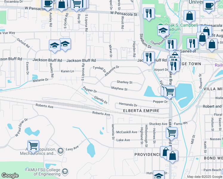 map of restaurants, bars, coffee shops, grocery stores, and more near 1669 Mayhew Street in Tallahassee