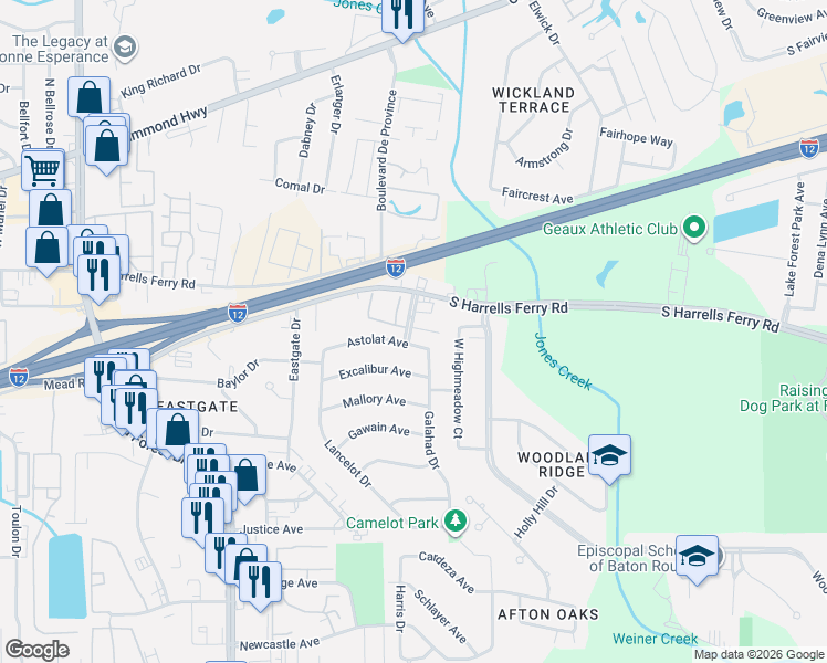 map of restaurants, bars, coffee shops, grocery stores, and more near 12539 Astolat Avenue in Baton Rouge