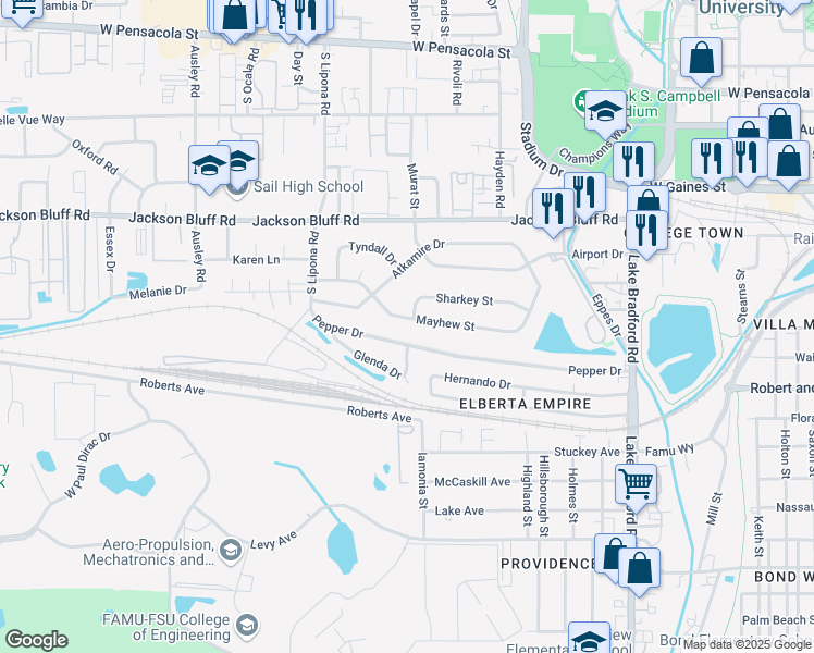 map of restaurants, bars, coffee shops, grocery stores, and more near 1665 Mayhew Street in Tallahassee