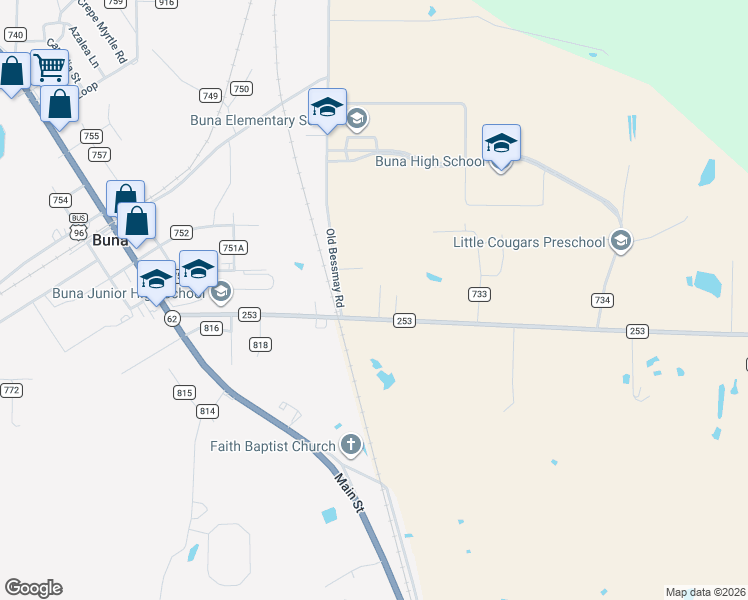 map of restaurants, bars, coffee shops, grocery stores, and more near 787 Farm to Market 253 in Buna