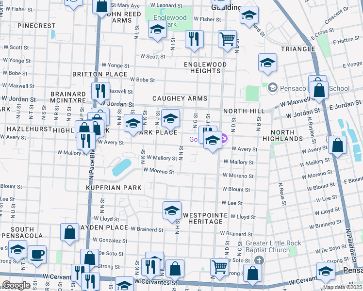 map of restaurants, bars, coffee shops, grocery stores, and more near 1200 West Avery Street in Pensacola
