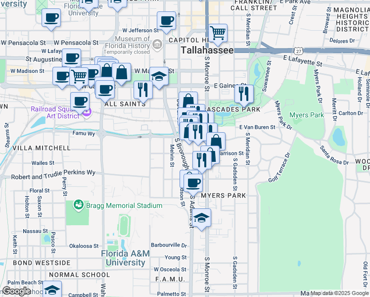map of restaurants, bars, coffee shops, grocery stores, and more near 100-140 West Harrison Street in Tallahassee