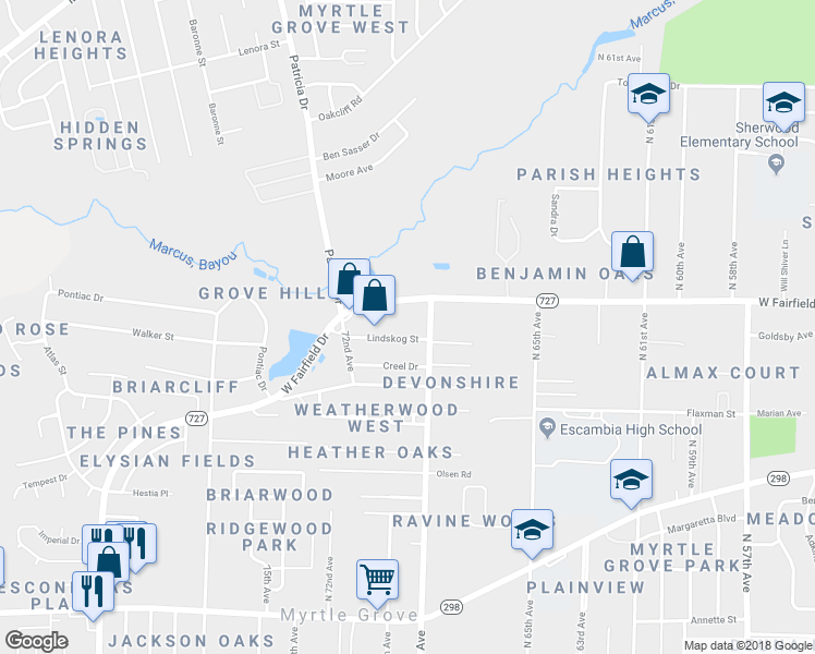 map of restaurants, bars, coffee shops, grocery stores, and more near 6906 Lindskog Street in Pensacola