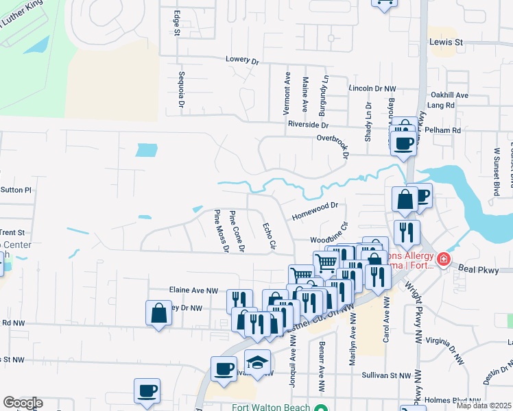 map of restaurants, bars, coffee shops, grocery stores, and more near 329 Echo Circle in Fort Walton Beach