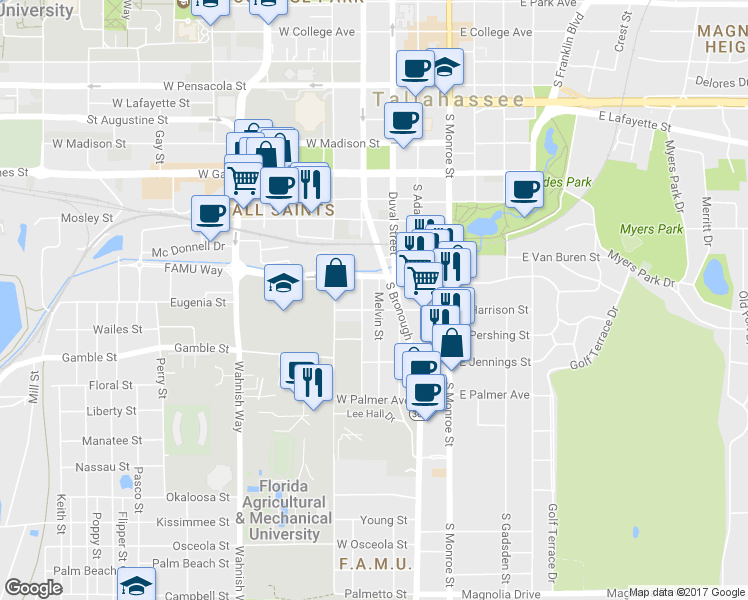 map of restaurants, bars, coffee shops, grocery stores, and more near 1317 Melvin Street in Tallahassee