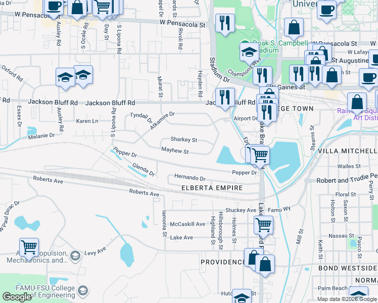 map of restaurants, bars, coffee shops, grocery stores, and more near 1637 Mayhew Street in Tallahassee