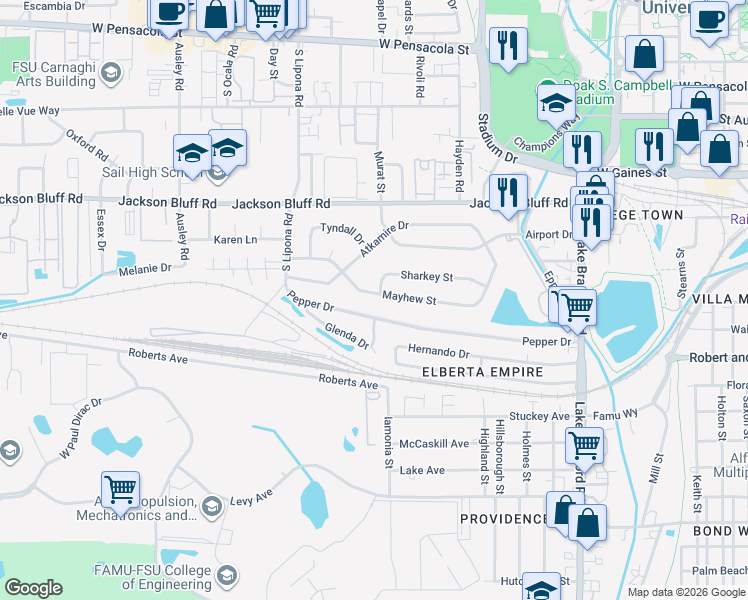map of restaurants, bars, coffee shops, grocery stores, and more near 1665 Mayhew Street in Tallahassee