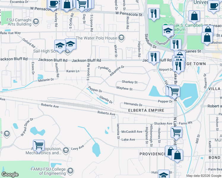 map of restaurants, bars, coffee shops, grocery stores, and more near 1718 Pepper Drive in Tallahassee