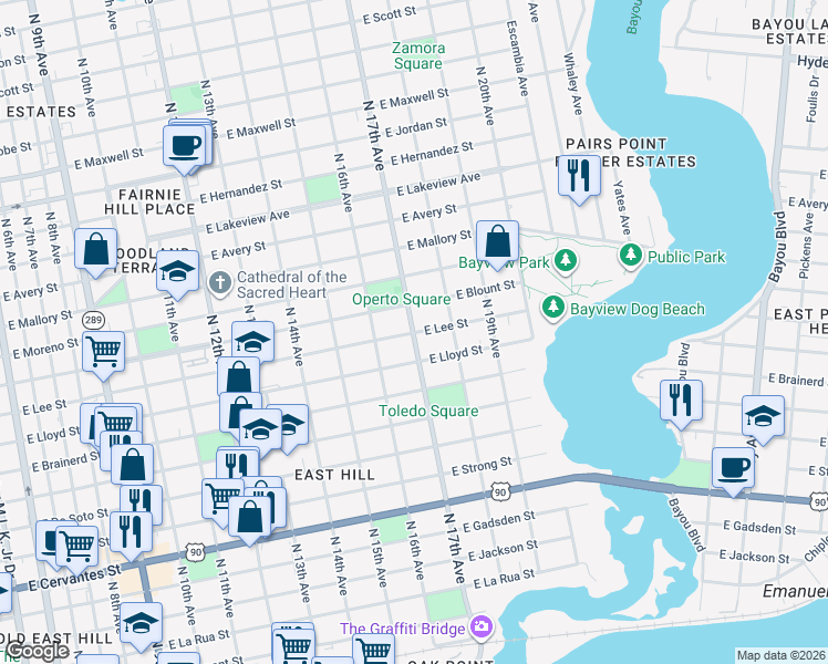 map of restaurants, bars, coffee shops, grocery stores, and more near 1325 North 17th Avenue in Pensacola