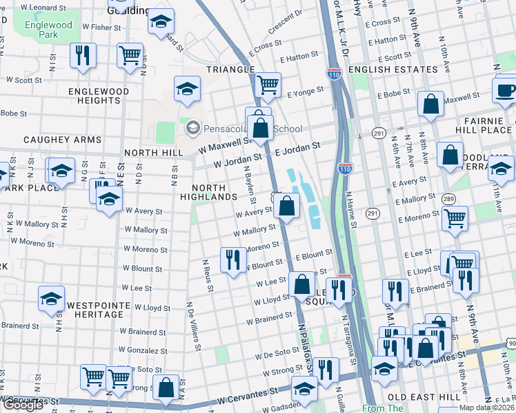 map of restaurants, bars, coffee shops, grocery stores, and more near 35 West Avery Street in Pensacola