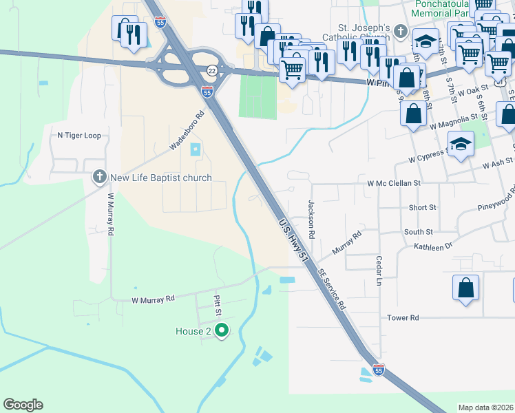 map of restaurants, bars, coffee shops, grocery stores, and more near 39611 Interstate 55 Frontage Road in Ponchatoula