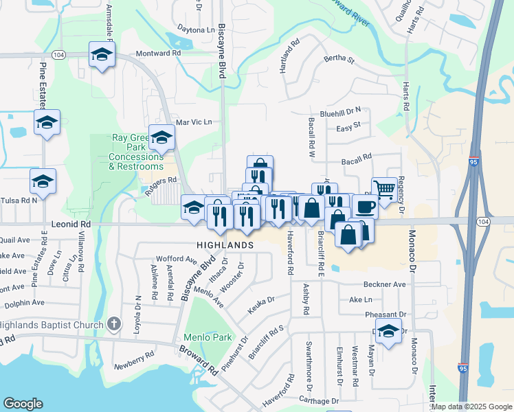 map of restaurants, bars, coffee shops, grocery stores, and more near 1403 Dunn Avenue in Jacksonville