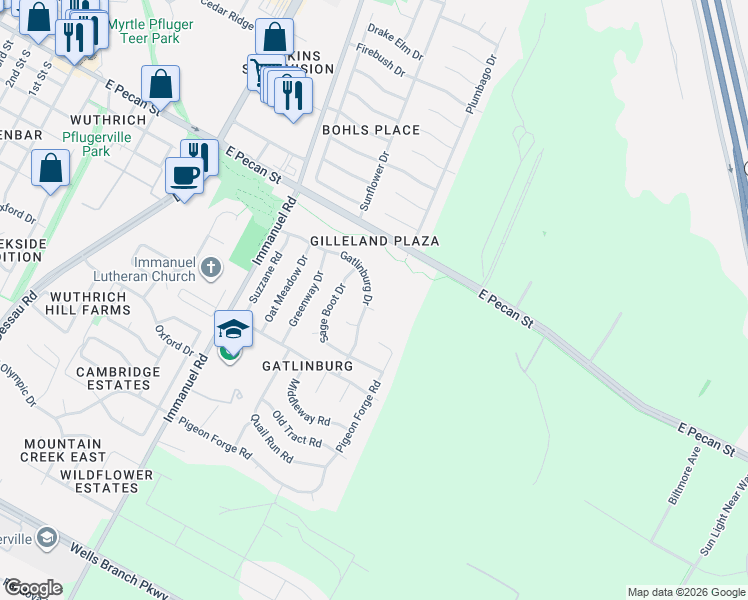 map of restaurants, bars, coffee shops, grocery stores, and more near 1600 Waterbrook Drive in Pflugerville