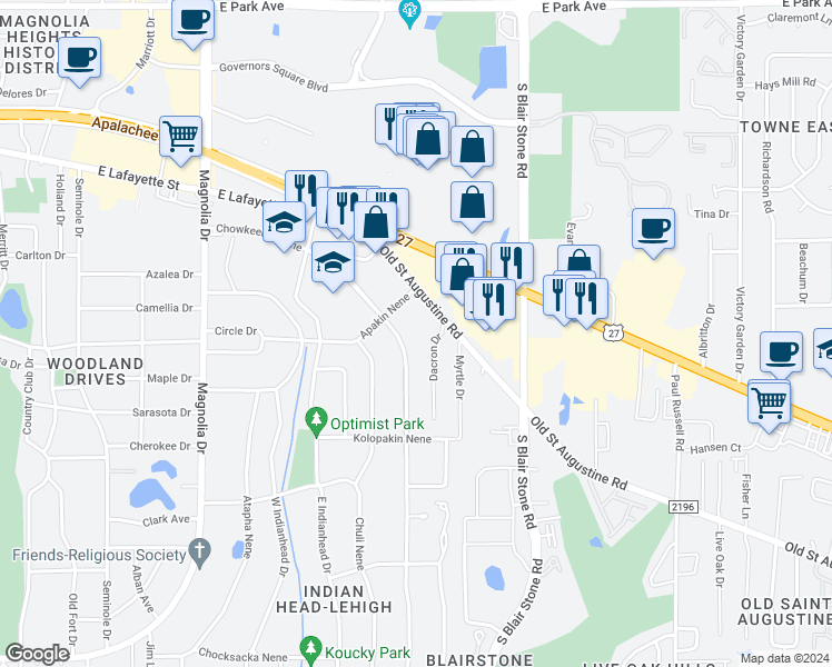 map of restaurants, bars, coffee shops, grocery stores, and more near 1511 Chowkeebin Nene in Tallahassee