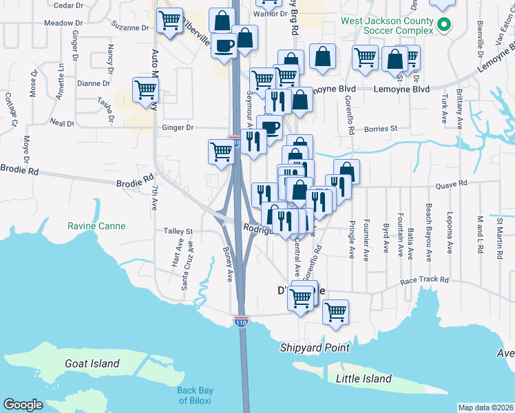 map of restaurants, bars, coffee shops, grocery stores, and more near 10081-10099 3rd Ave in D'Iberville