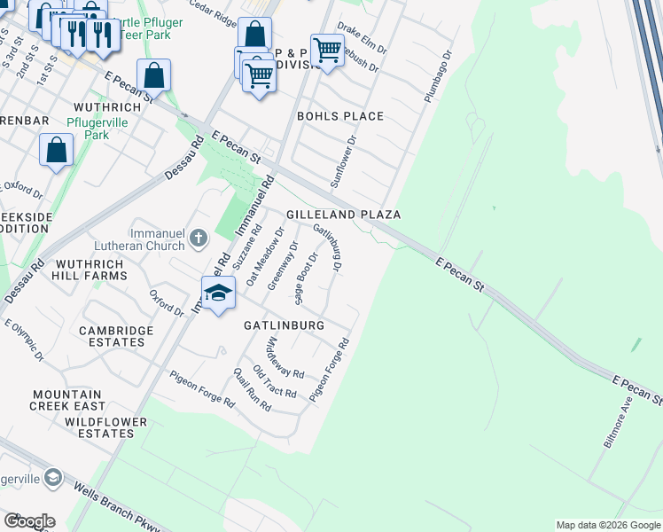 map of restaurants, bars, coffee shops, grocery stores, and more near 1603 Gatlinburg Drive in Pflugerville