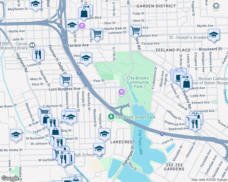 map of restaurants, bars, coffee shops, grocery stores, and more near 1855 Carolina Street in Baton Rouge