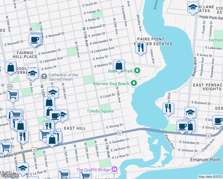 map of restaurants, bars, coffee shops, grocery stores, and more near 1305 North 18th Avenue in Pensacola