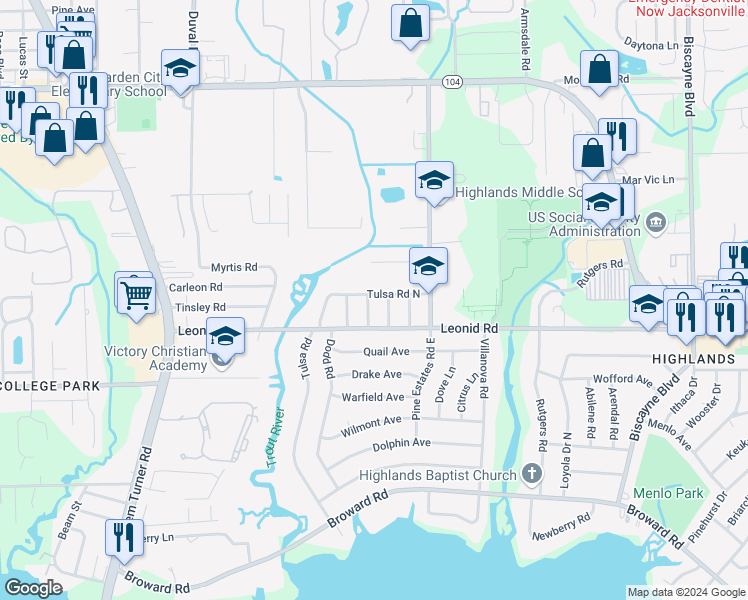 map of restaurants, bars, coffee shops, grocery stores, and more near 10745 Leora Drive in Jacksonville