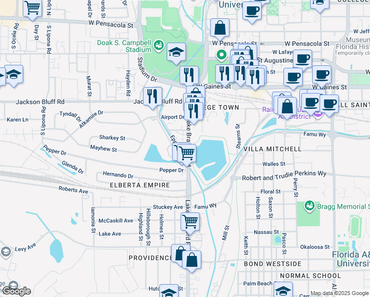 map of restaurants, bars, coffee shops, grocery stores, and more near 1338 Lake Bradford Road in Tallahassee