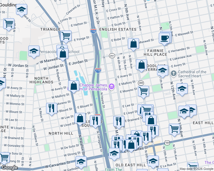 map of restaurants, bars, coffee shops, grocery stores, and more near 313 East Mallory Street in Pensacola