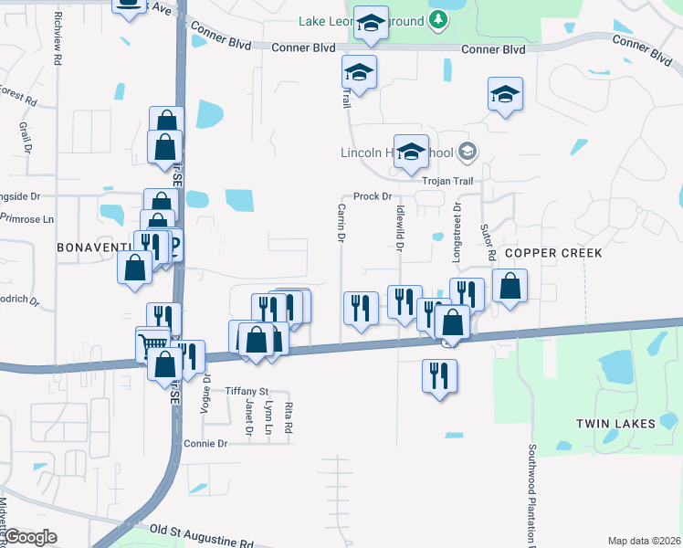 map of restaurants, bars, coffee shops, grocery stores, and more near 1117 Carrin Drive in Tallahassee