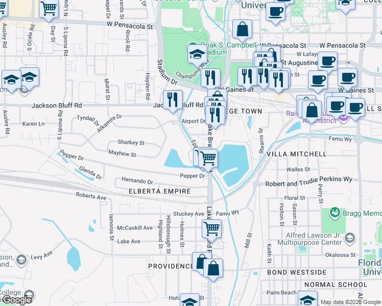 map of restaurants, bars, coffee shops, grocery stores, and more near 1335 Airport Drive in Tallahassee