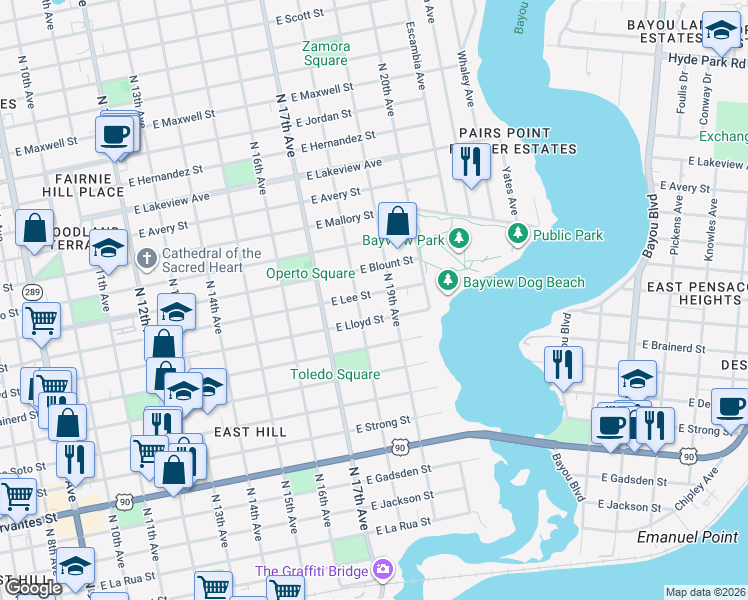 map of restaurants, bars, coffee shops, grocery stores, and more near 1305 North 18th Avenue in Pensacola