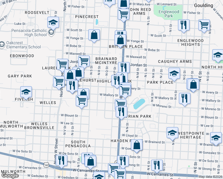 map of restaurants, bars, coffee shops, grocery stores, and more near 2100 West Mallory Street in Pensacola