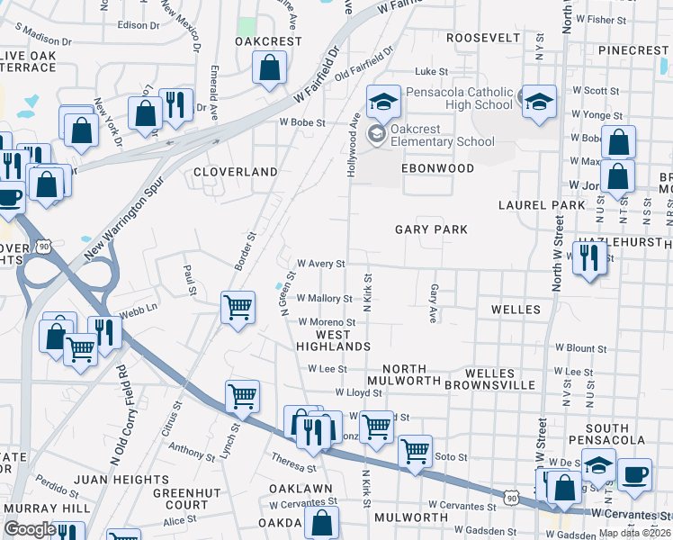 map of restaurants, bars, coffee shops, grocery stores, and more near 1707 Hollywood Avenue in Pensacola