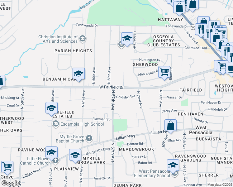 map of restaurants, bars, coffee shops, grocery stores, and more near 5480 Goldsby Avenue in Pensacola