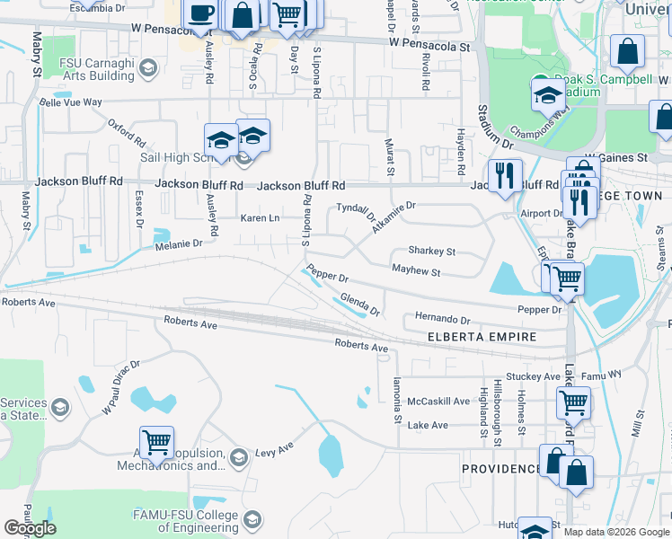 map of restaurants, bars, coffee shops, grocery stores, and more near 1809 Pepper Drive in Tallahassee