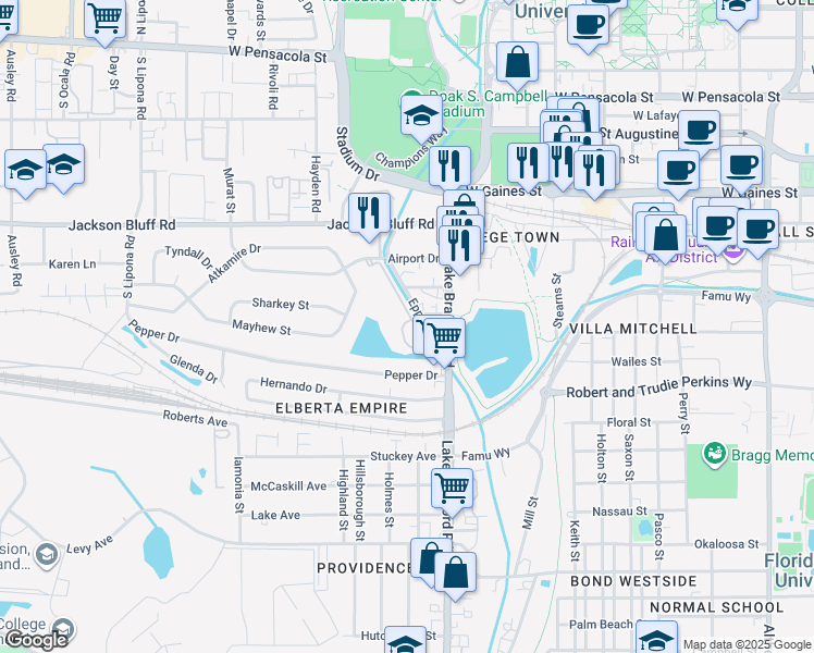 map of restaurants, bars, coffee shops, grocery stores, and more near 1335 Airport Drive in Tallahassee