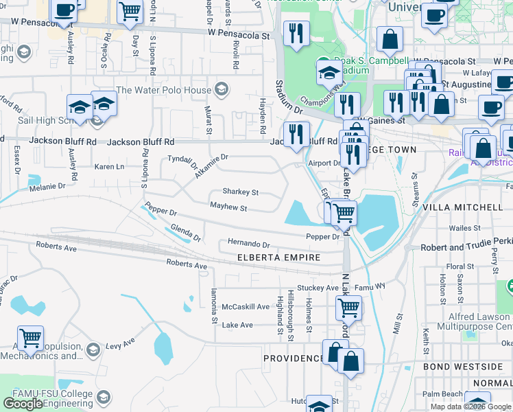 map of restaurants, bars, coffee shops, grocery stores, and more near 1618 Mayhew Street in Tallahassee