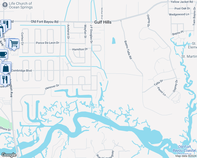 map of restaurants, bars, coffee shops, grocery stores, and more near 6112 Moreton Place in Ocean Springs