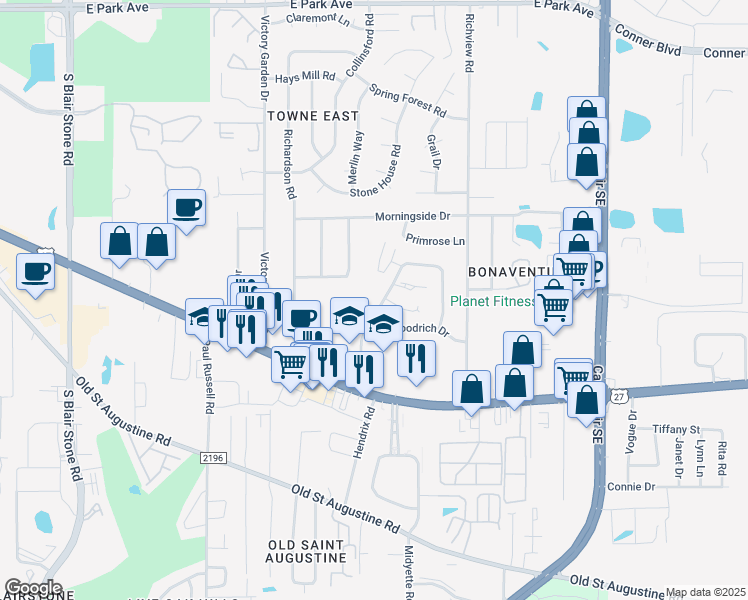 map of restaurants, bars, coffee shops, grocery stores, and more near 1272 Cross Creek Circle in Tallahassee