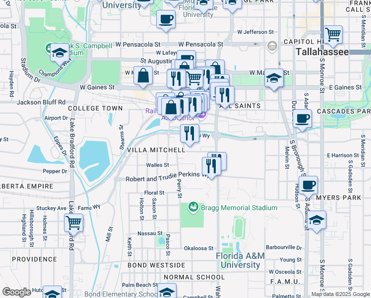 map of restaurants, bars, coffee shops, grocery stores, and more near 636 Eugenia Street in Tallahassee