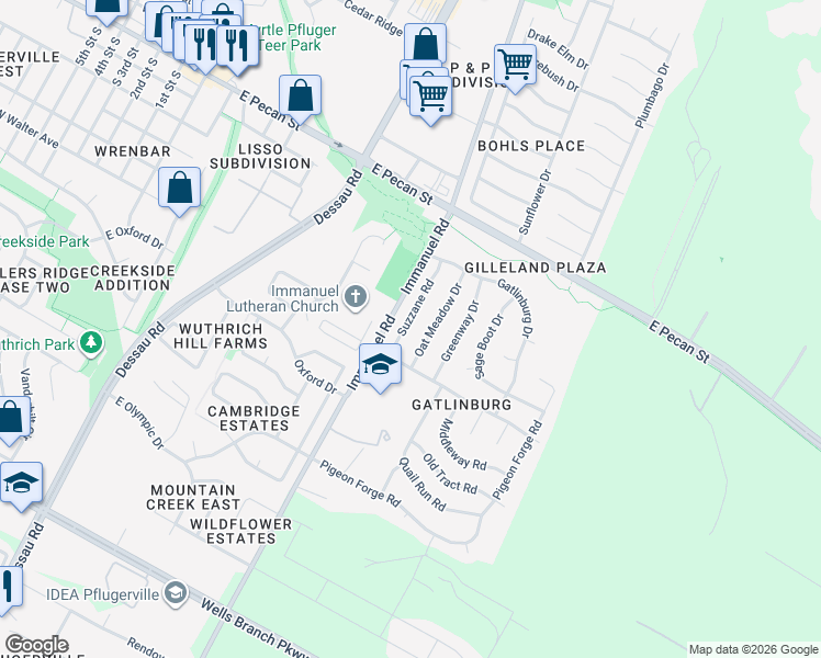map of restaurants, bars, coffee shops, grocery stores, and more near 515 Suzzane Road in Pflugerville