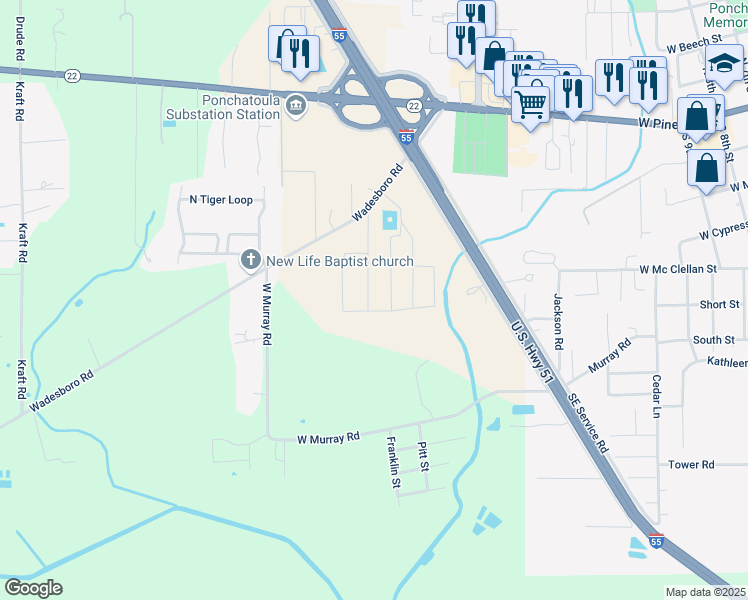 map of restaurants, bars, coffee shops, grocery stores, and more near 39540 Deer Crossing Trail in Ponchatoula