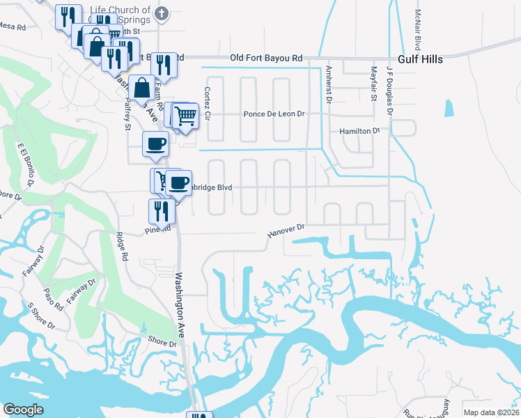 map of restaurants, bars, coffee shops, grocery stores, and more near 6221 Browning Drive in Ocean Springs