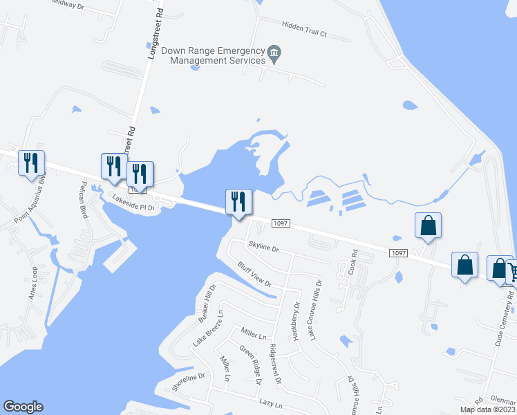map of restaurants, bars, coffee shops, grocery stores, and more near 13260 Farm to Market 1097 in Willis