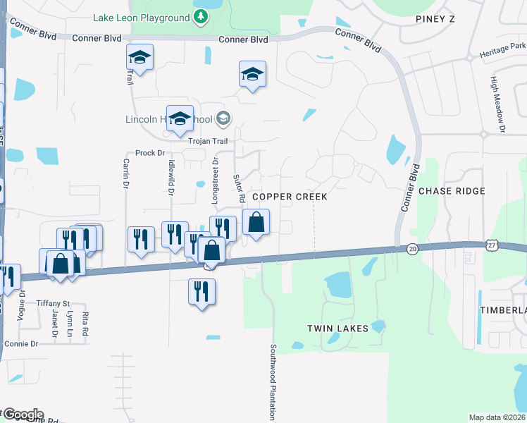 map of restaurants, bars, coffee shops, grocery stores, and more near 1091 Rockbrook Court in Tallahassee