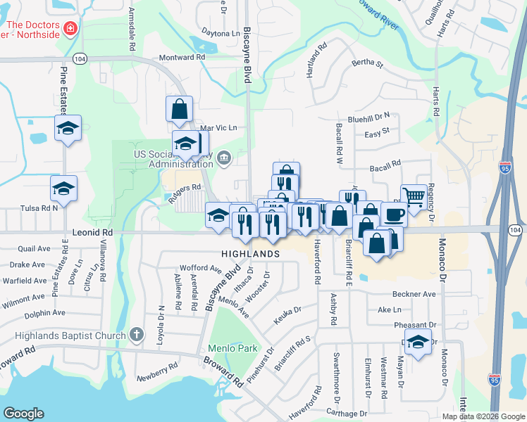 map of restaurants, bars, coffee shops, grocery stores, and more near 1435 Dunn Avenue in Jacksonville
