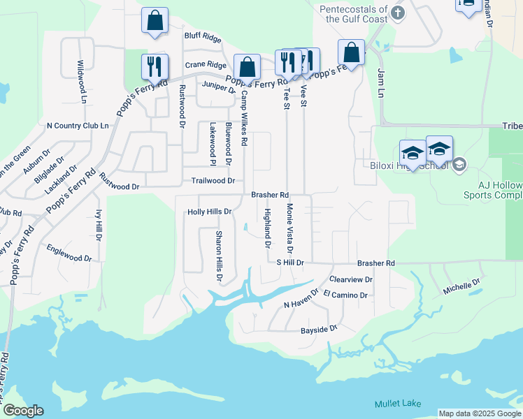 map of restaurants, bars, coffee shops, grocery stores, and more near 773 Highland Drive in Biloxi