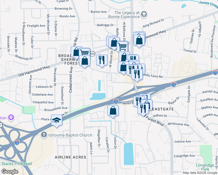 map of restaurants, bars, coffee shops, grocery stores, and more near 11110 Boardwalk Drive in Baton Rouge
