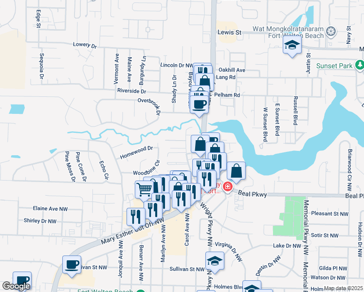 map of restaurants, bars, coffee shops, grocery stores, and more near 606 Virginia Oak Court in Fort Walton Beach
