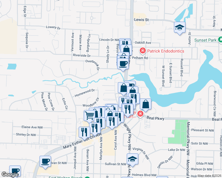map of restaurants, bars, coffee shops, grocery stores, and more near 606 Virginia Oak Court in Fort Walton Beach
